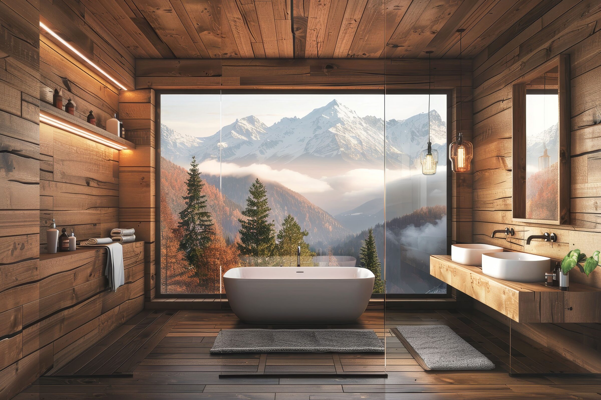 Wohnraum mit Holzfenstern und Blick in eine Waldlandschaft